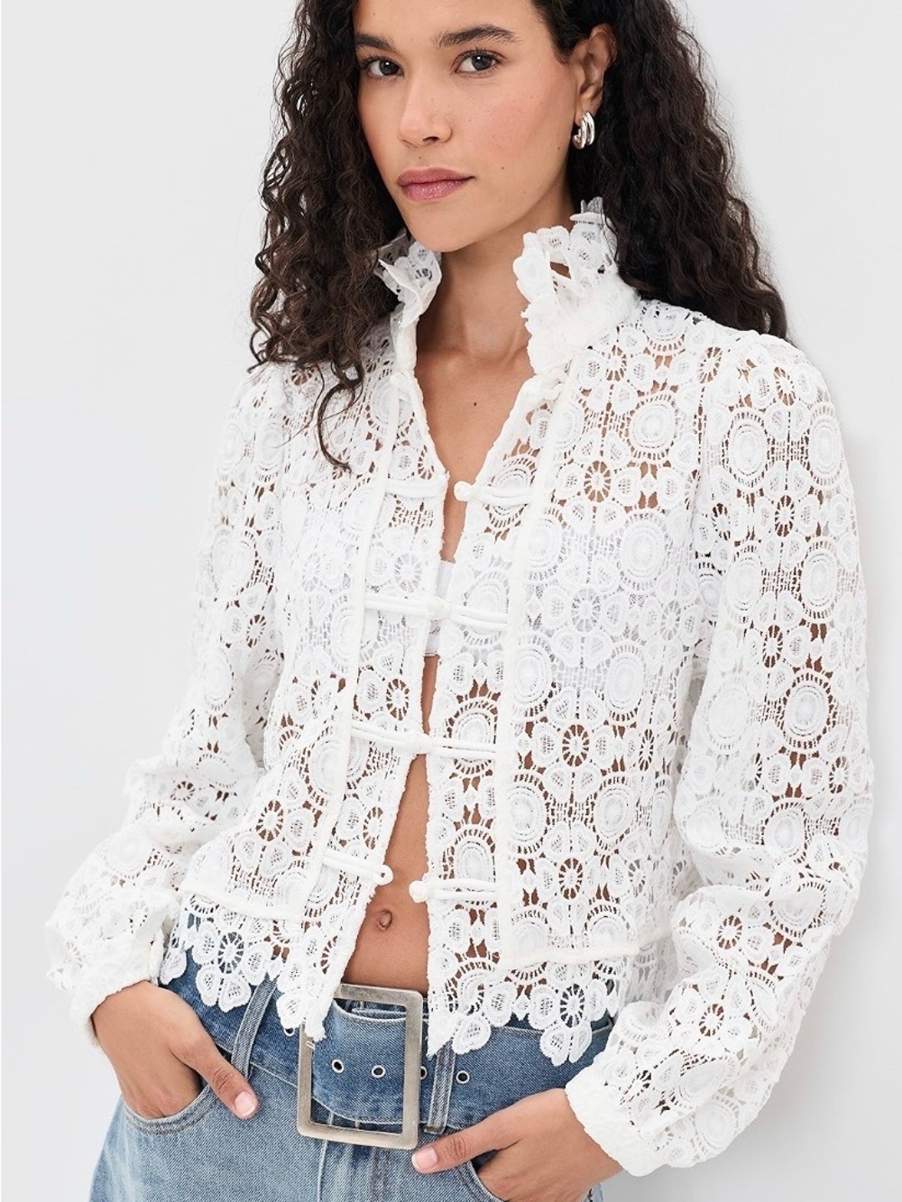 Lioness Overtime Blouse White Crochet Lace Tie-Front Blouse Long Sleeve G7